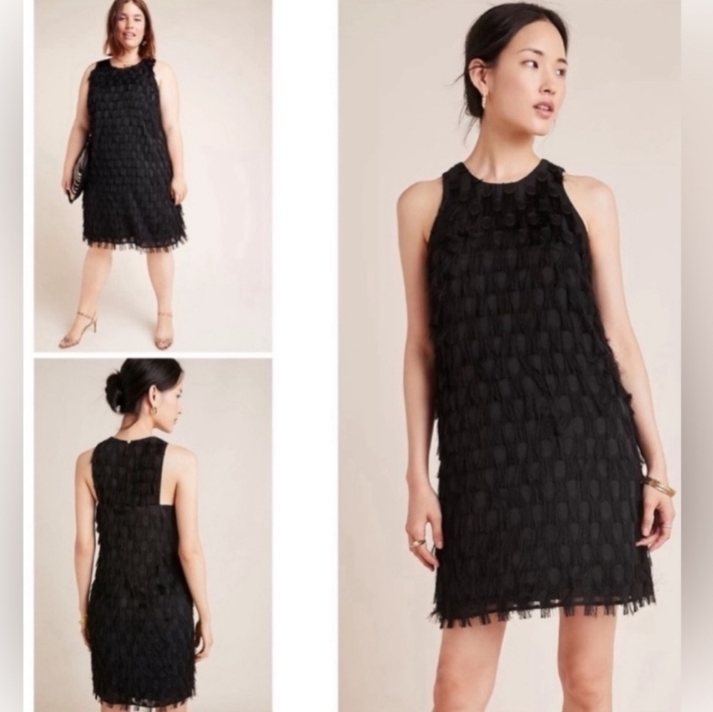 EUC Anthropologie Roxie Black Fringe Mini Dress Textured Sleeveless Size 16W